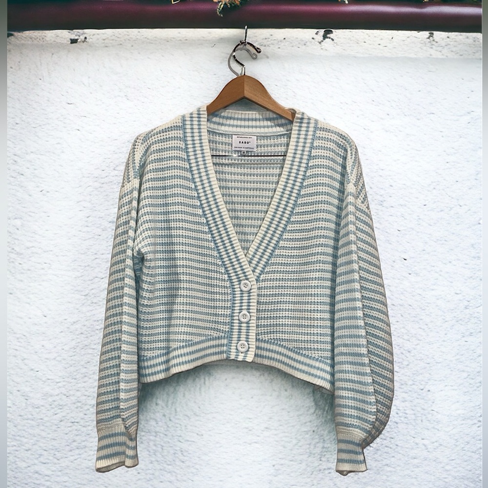 Sabo medium striped blue white crop cardigan